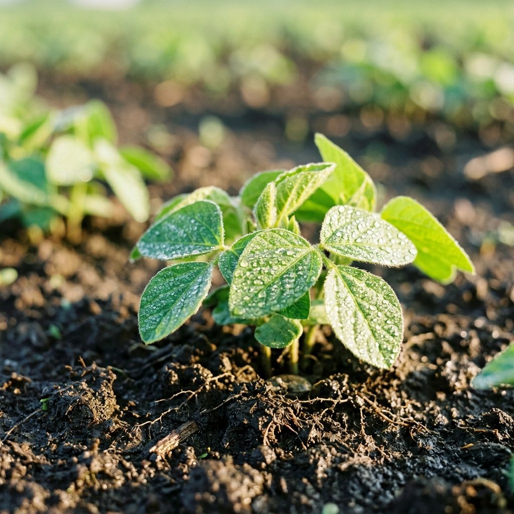 Fresh green crops growing in rich soil with morning dew