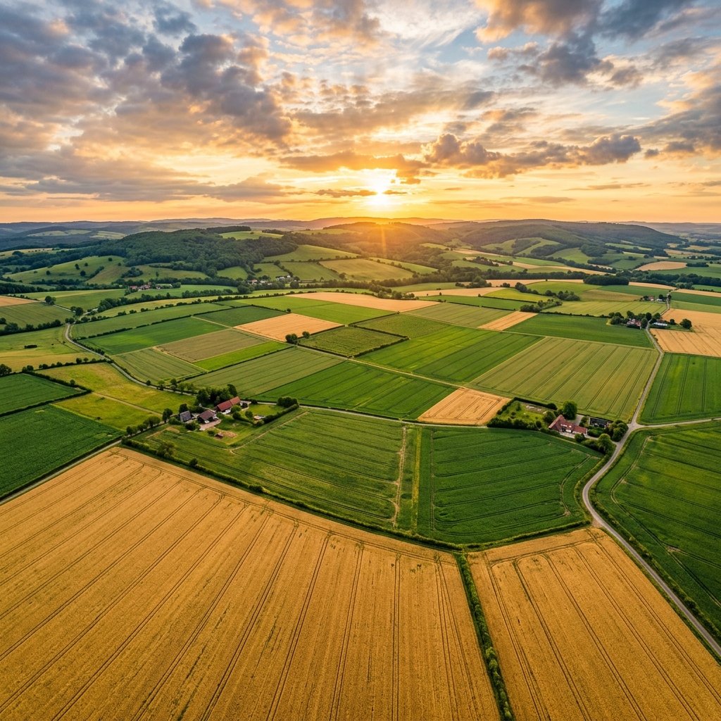 Aerial view of lush green farmland at sunrise
